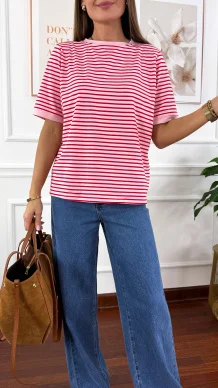 Bawełniany t-shirt w paski Natis różowo-czerwony