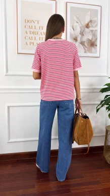 Bawełniany t-shirt w paski Natis różowo-czerwony