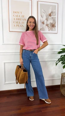 Bawełniany t-shirt w paski Natis różowo-czerwony