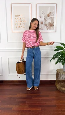 Bawełniany t-shirt w paski Natis różowo-czerwony