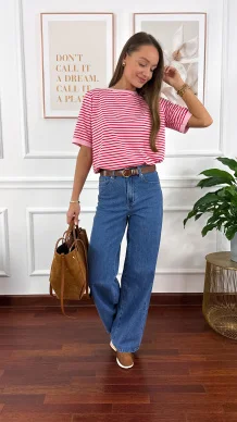 Bawełniany t-shirt w paski Natis różowo-czerwony