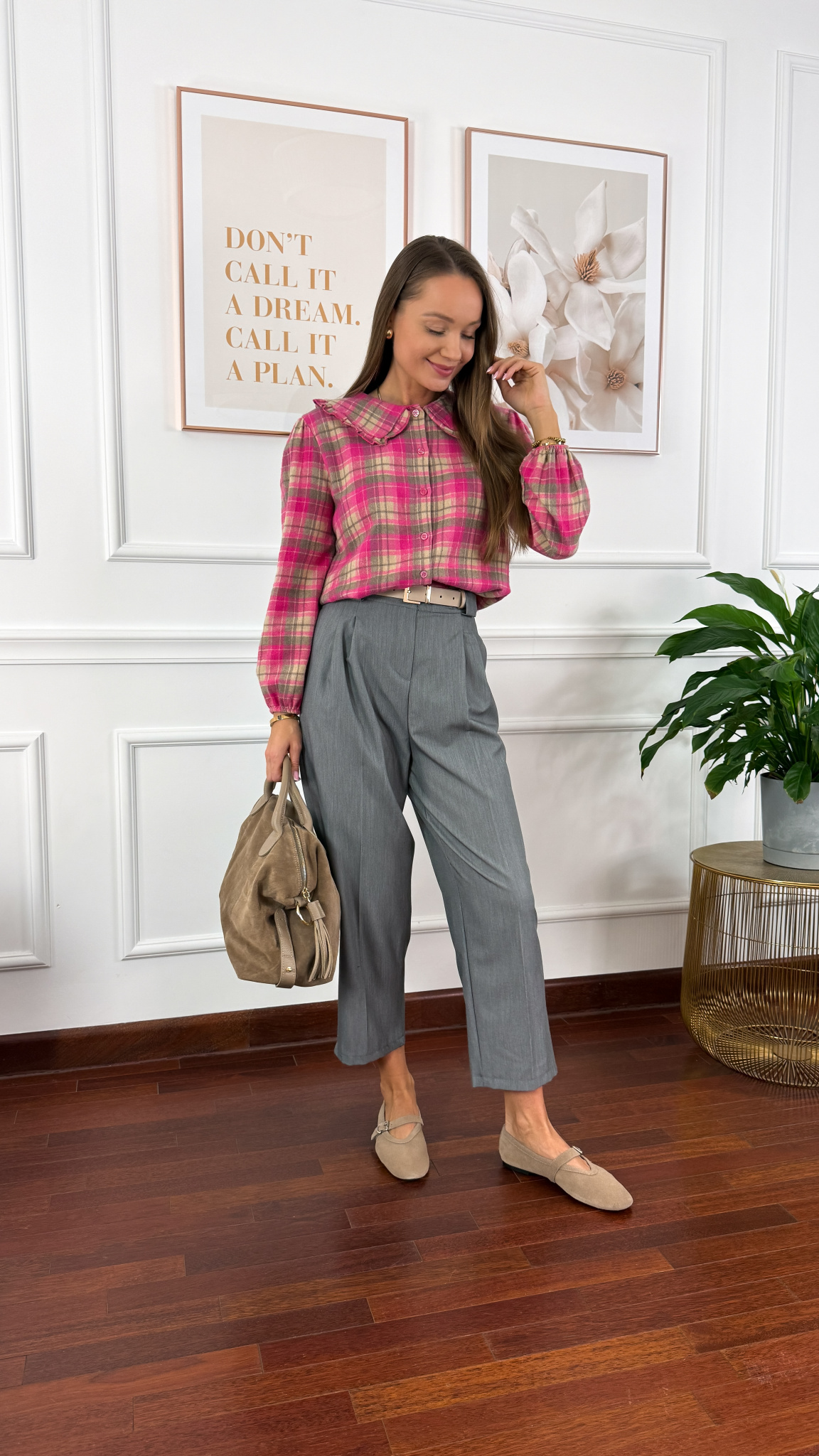 Koszula w kratę Luca w kratę beżowo-różowa