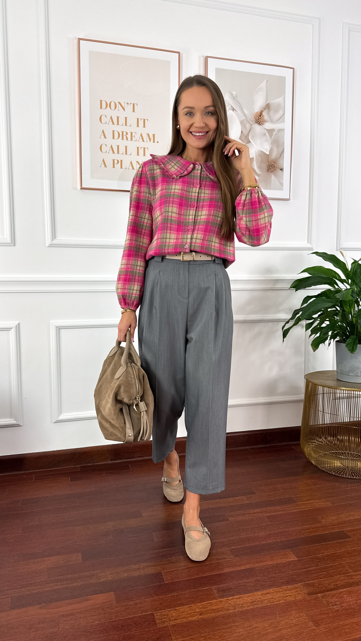 Koszula w kratę Luca w kratę beżowo-różowa