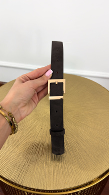 Pasek skórzany Harlow zamsz czekoladowo-złoty