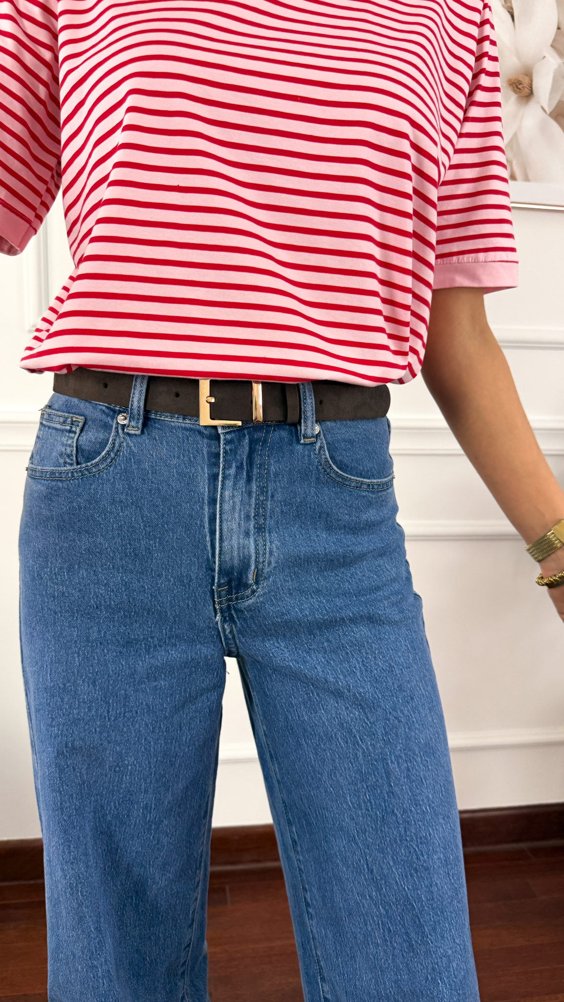 Pasek skórzany Harlow zamsz czekoladowo-złoty