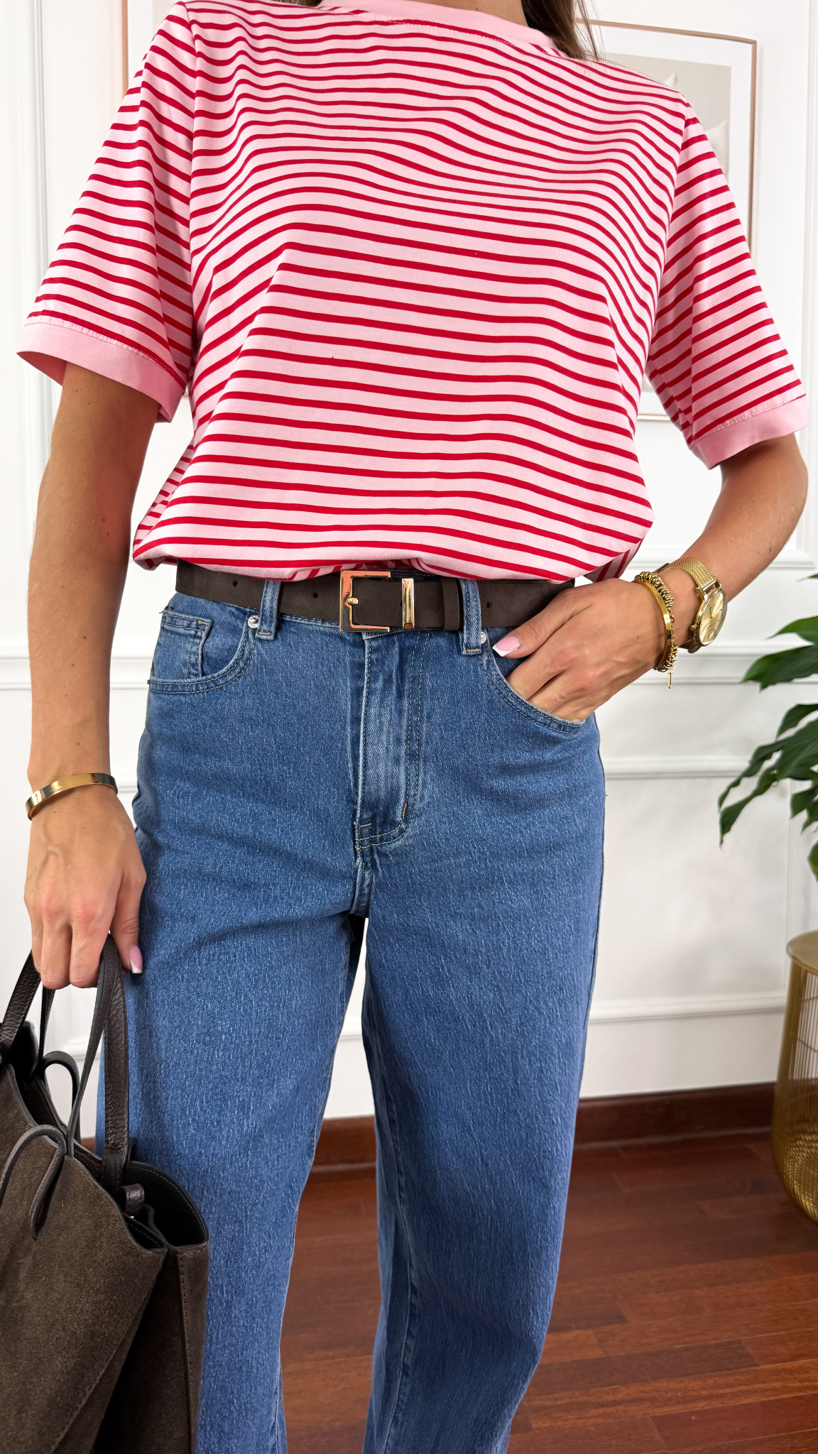 Pasek skórzany Harlow zamsz czekoladowo-złoty