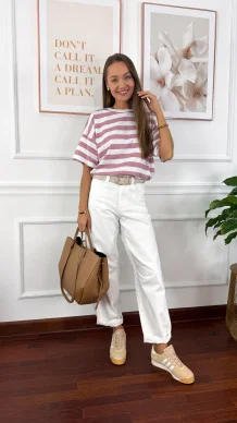 Bawełniany T-shirt Ella w paski biało-różowe