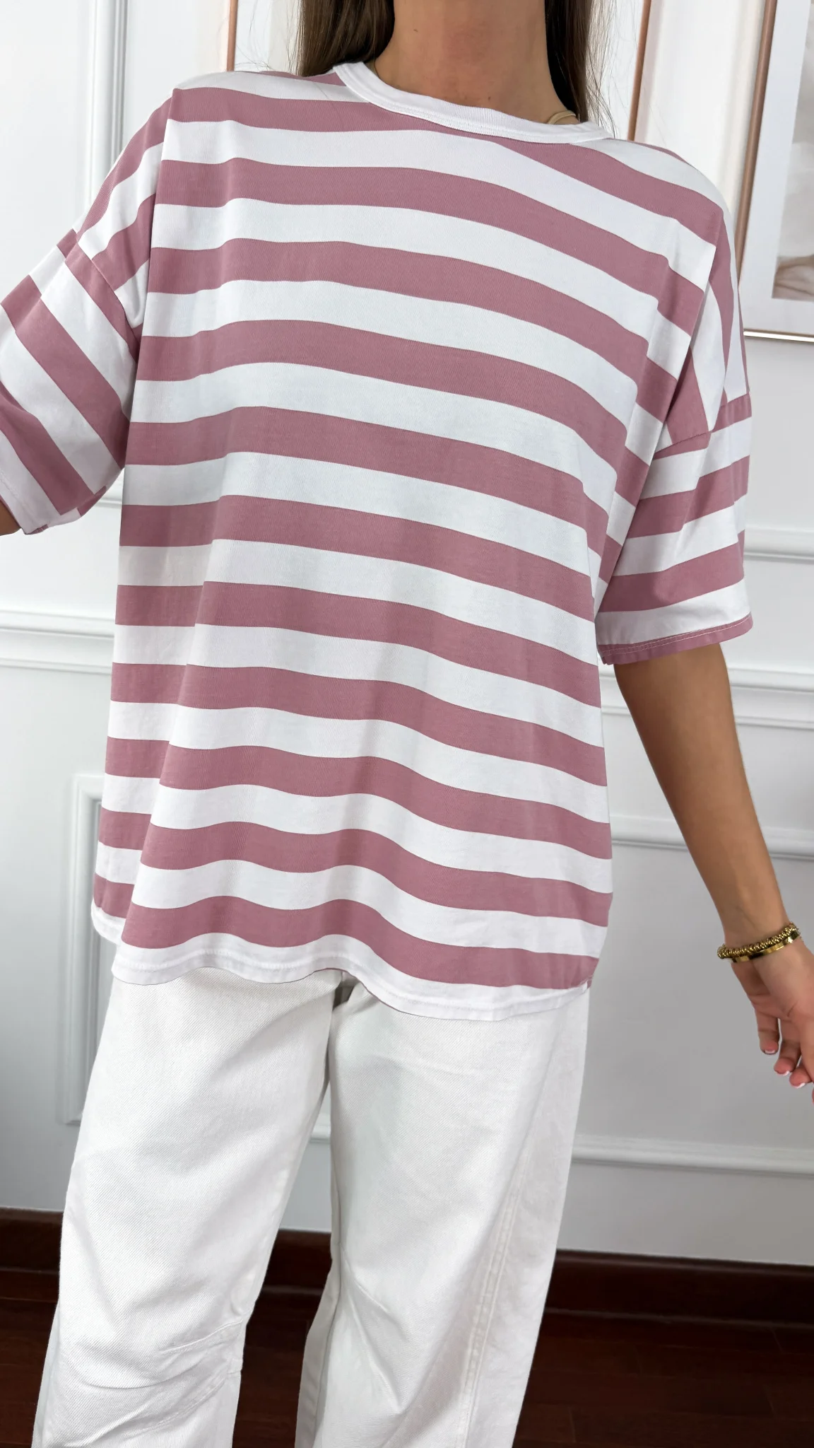 Bawełniany T-shirt Ella w paski biało-różowe