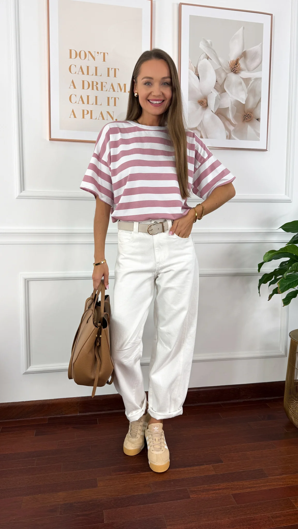 Bawełniany T-shirt Ella w paski biało-różowe