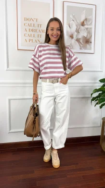 Bawełniany T-shirt Ella w paski biało-różowe