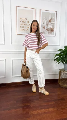 Bawełniany T-shirt Ella w paski biało-różowe