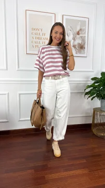 Bawełniany T-shirt Ella w paski biało-różowe