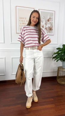 Bawełniany T-shirt Ella w paski biało-różowe