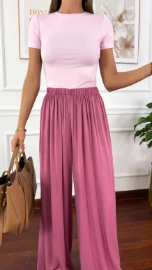 Wiskozowe szerokie spodnie Loren różowe