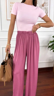 Wiskozowe szerokie spodnie Loren różowe