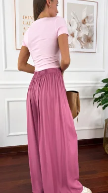 Wiskozowe szerokie spodnie Loren różowe