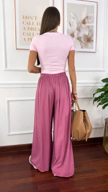 Wiskozowe szerokie spodnie Loren różowe