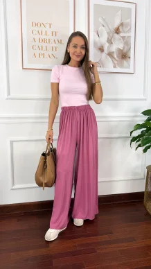 Wiskozowe szerokie spodnie Loren różowe