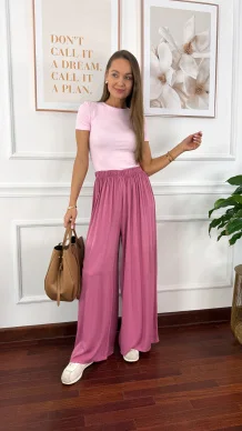 Wiskozowe szerokie spodnie Loren różowe