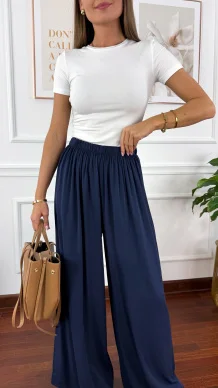 Wiskozowe szerokie spodnie Loren granatowe