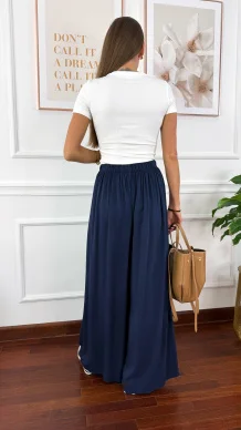 Wiskozowe szerokie spodnie Loren granatowe