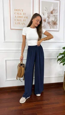 Wiskozowe szerokie spodnie Loren granatowe