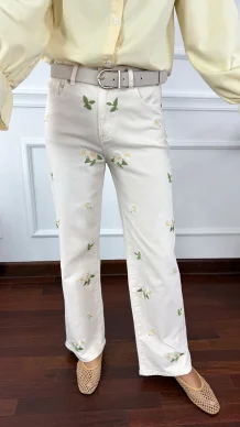 Spodnie wide leg Felia beżowe w kwiaty