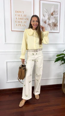 Spodnie wide leg Felia beżowe w kwiaty