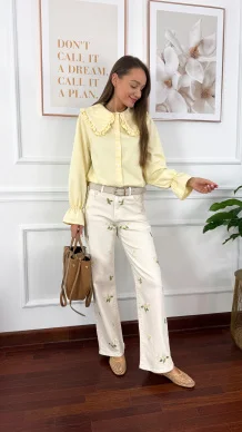 Spodnie wide leg Felia beżowe w kwiaty