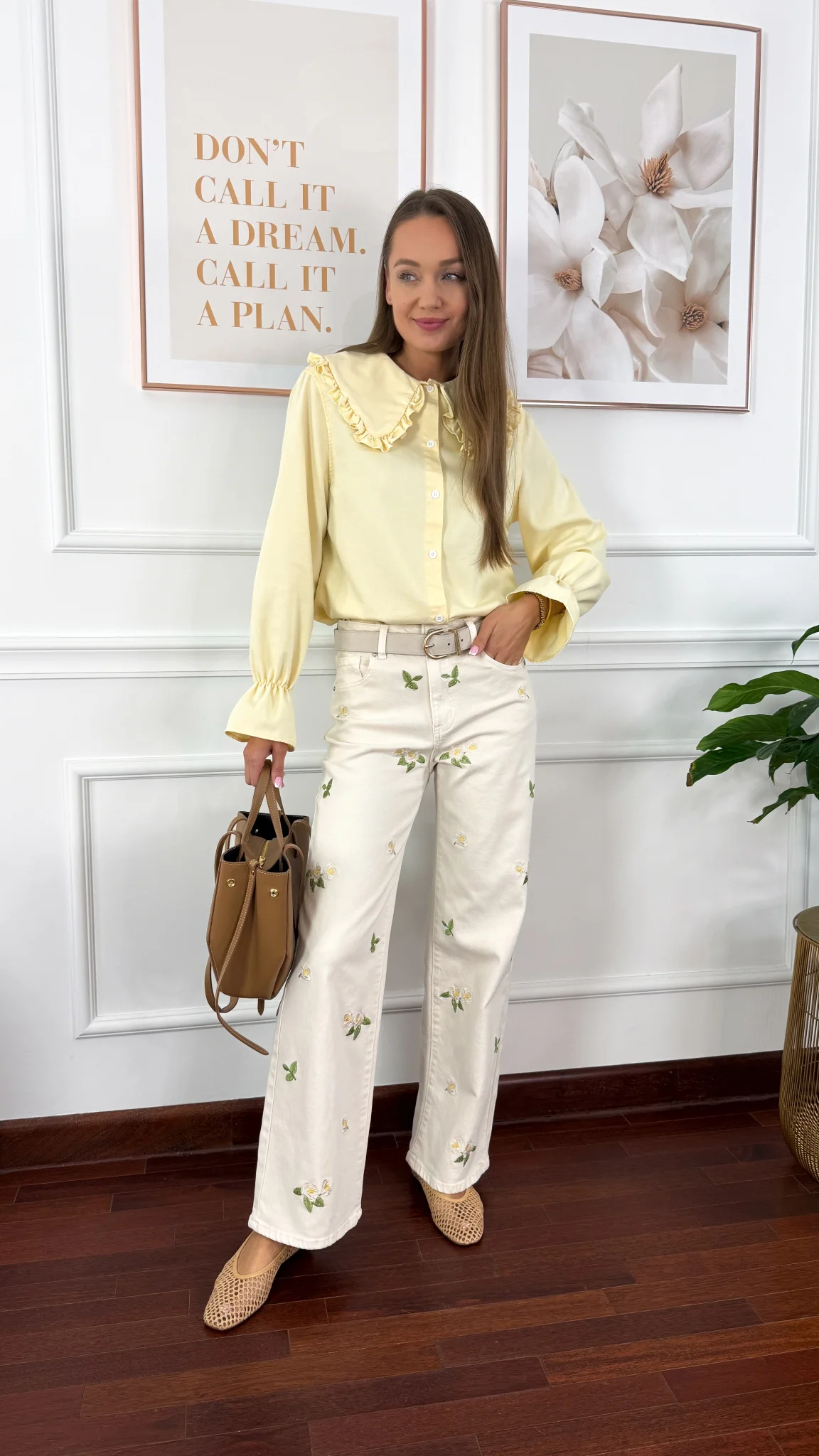 Spodnie wide leg Felia beżowe w kwiaty