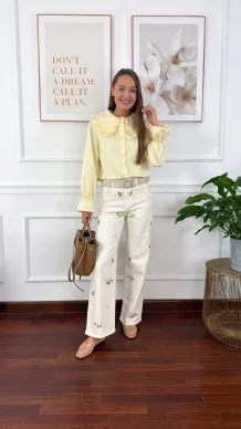 Spodnie wide leg Felia beżowe w kwiaty