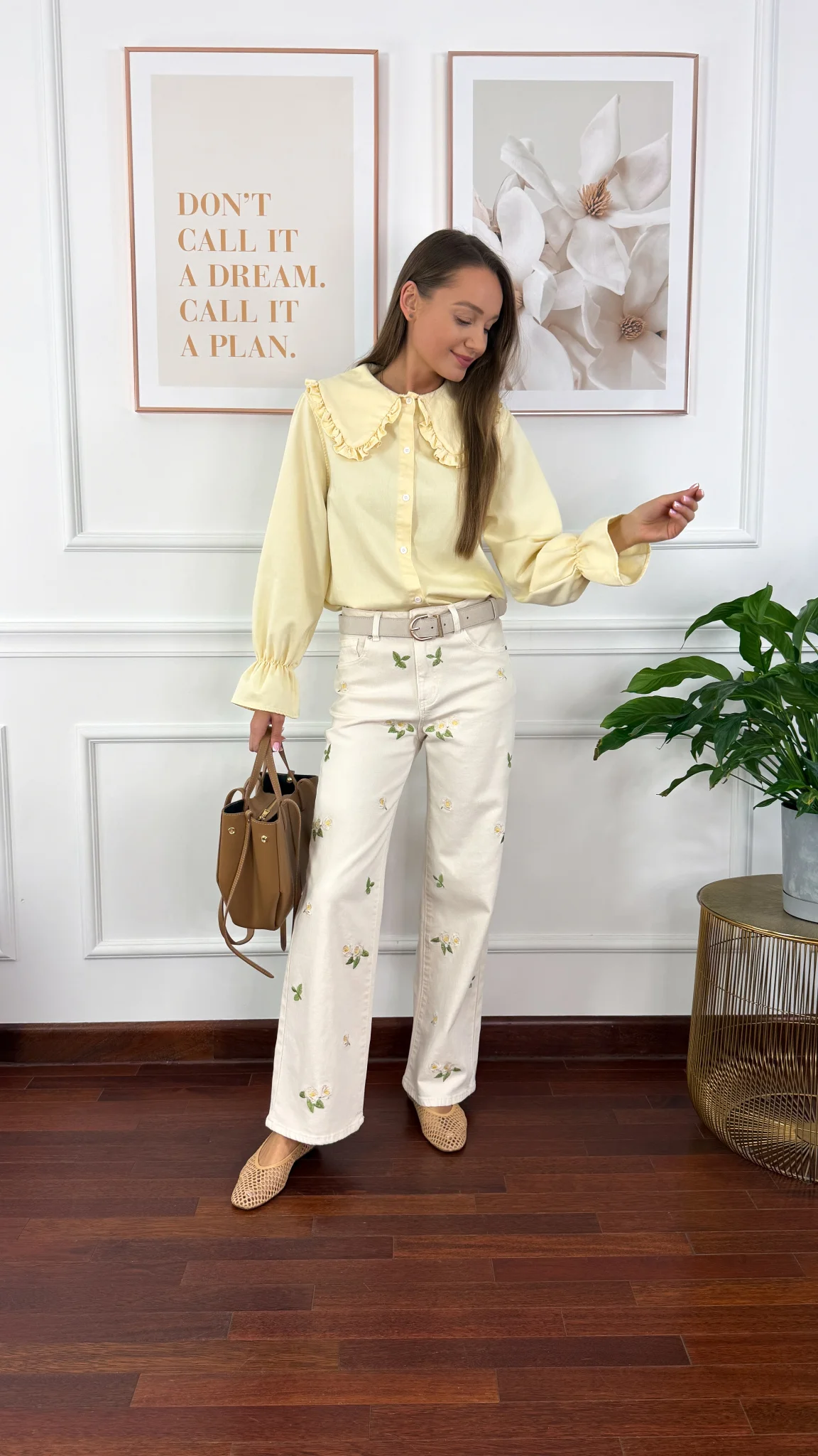 Spodnie wide leg Felia beżowe w kwiaty