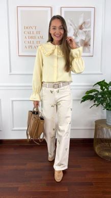 Spodnie wide leg Felia beżowe w kwiaty