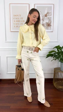 Spodnie wide leg Felia beżowe w kwiaty