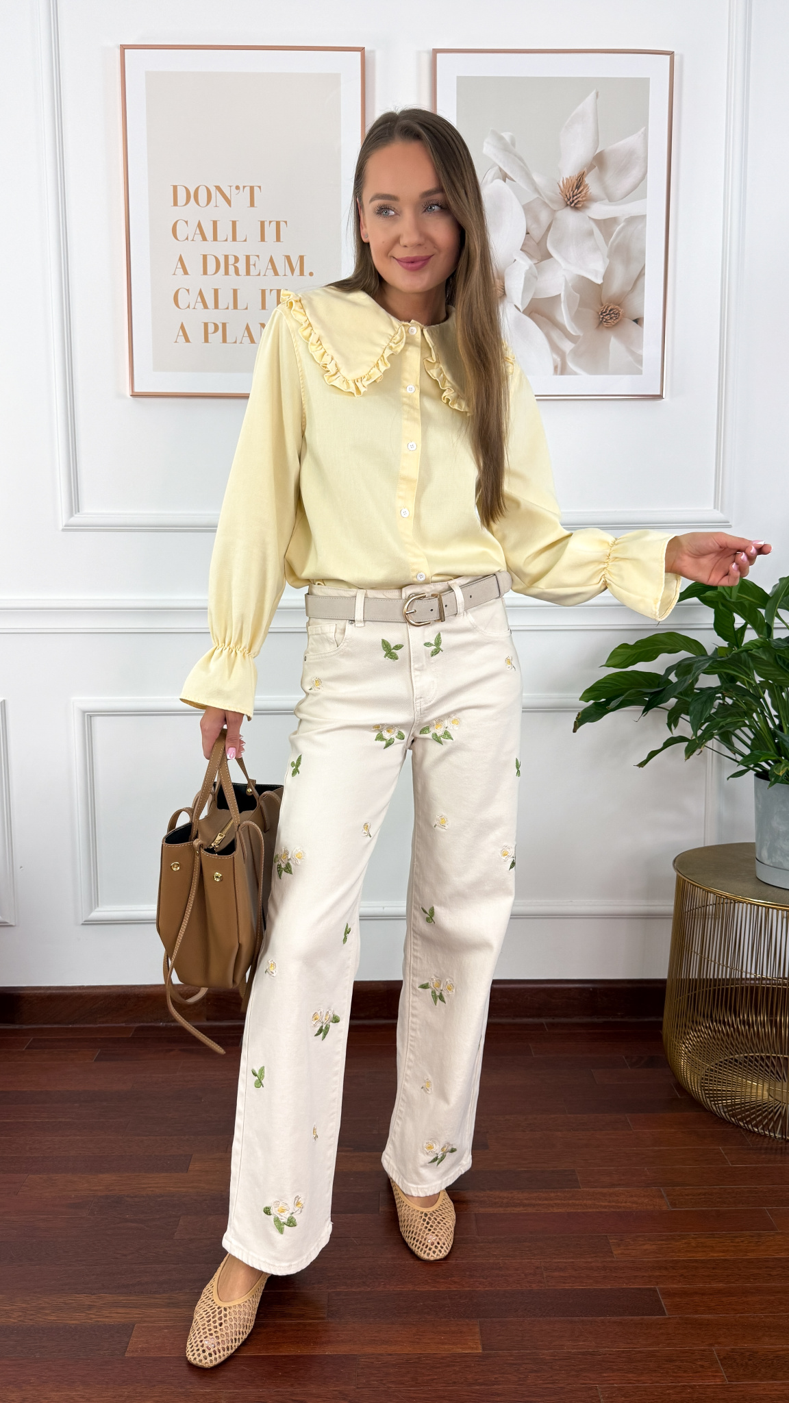 Spodnie wide leg Felia beżowe w kwiaty