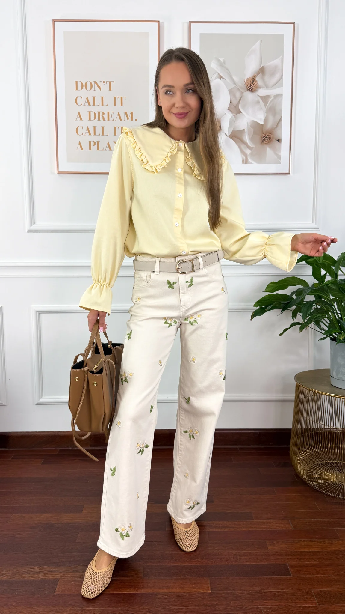 Spodnie wide leg Felia beżowe w kwiaty