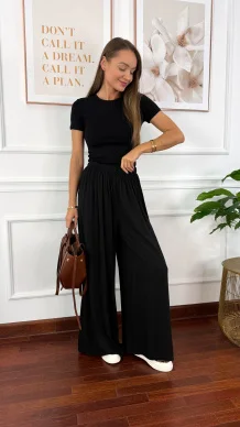 Wiskozowe szerokie spodnie Loren czarne