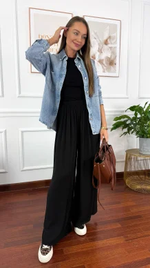 Wiskozowe szerokie spodnie Loren czarne