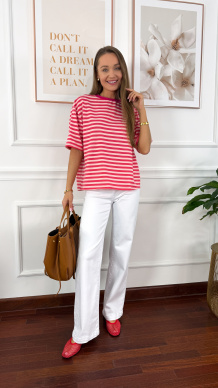 Wiskozowy T-shirt Dana paski różowy