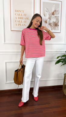 Wiskozowy T-shirt Dana paski różowy