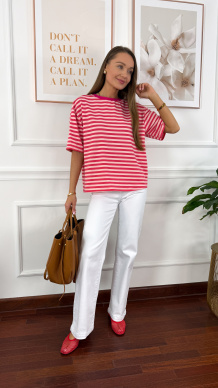 Wiskozowy T-shirt Dana paski różowy