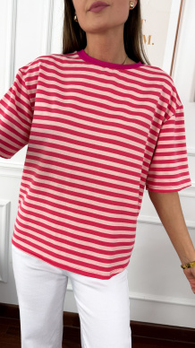 Wiskozowy T-shirt Dana paski różowy
