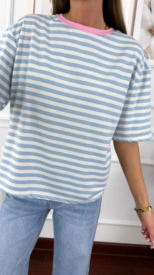 Wiskozowy T-shirt Dana paski błekitny