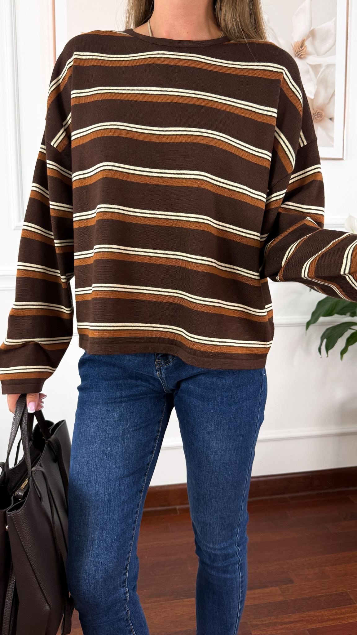 Wiskozowy sweter Rori brązowy w czekoladowe paski