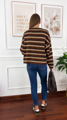 Wiskozowy sweter Rori brązowy w czekoladowe paski