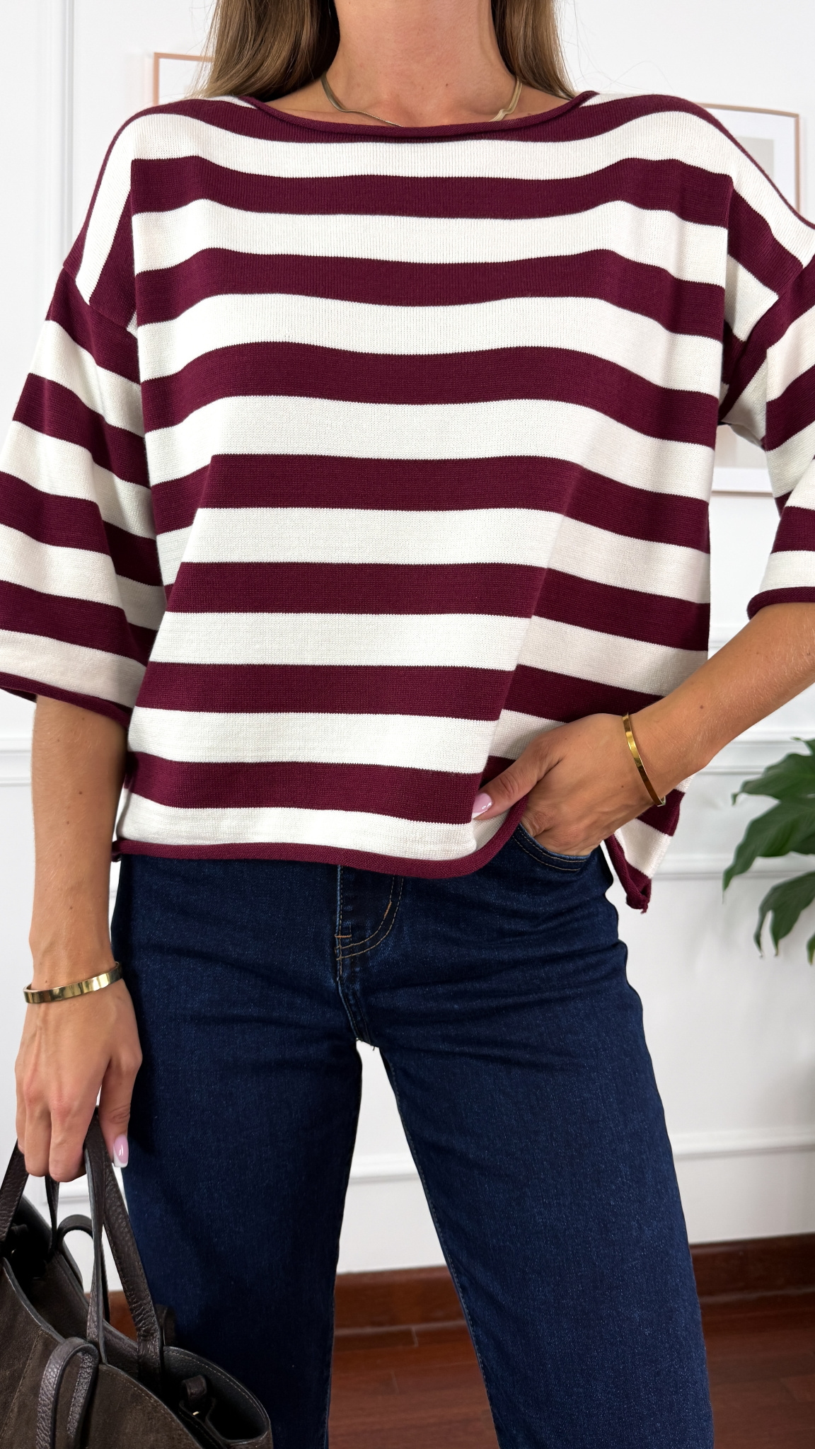 Sweter w paski Elda bordowy