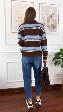 Sweter w paski Amber czekoladowo-niebieski